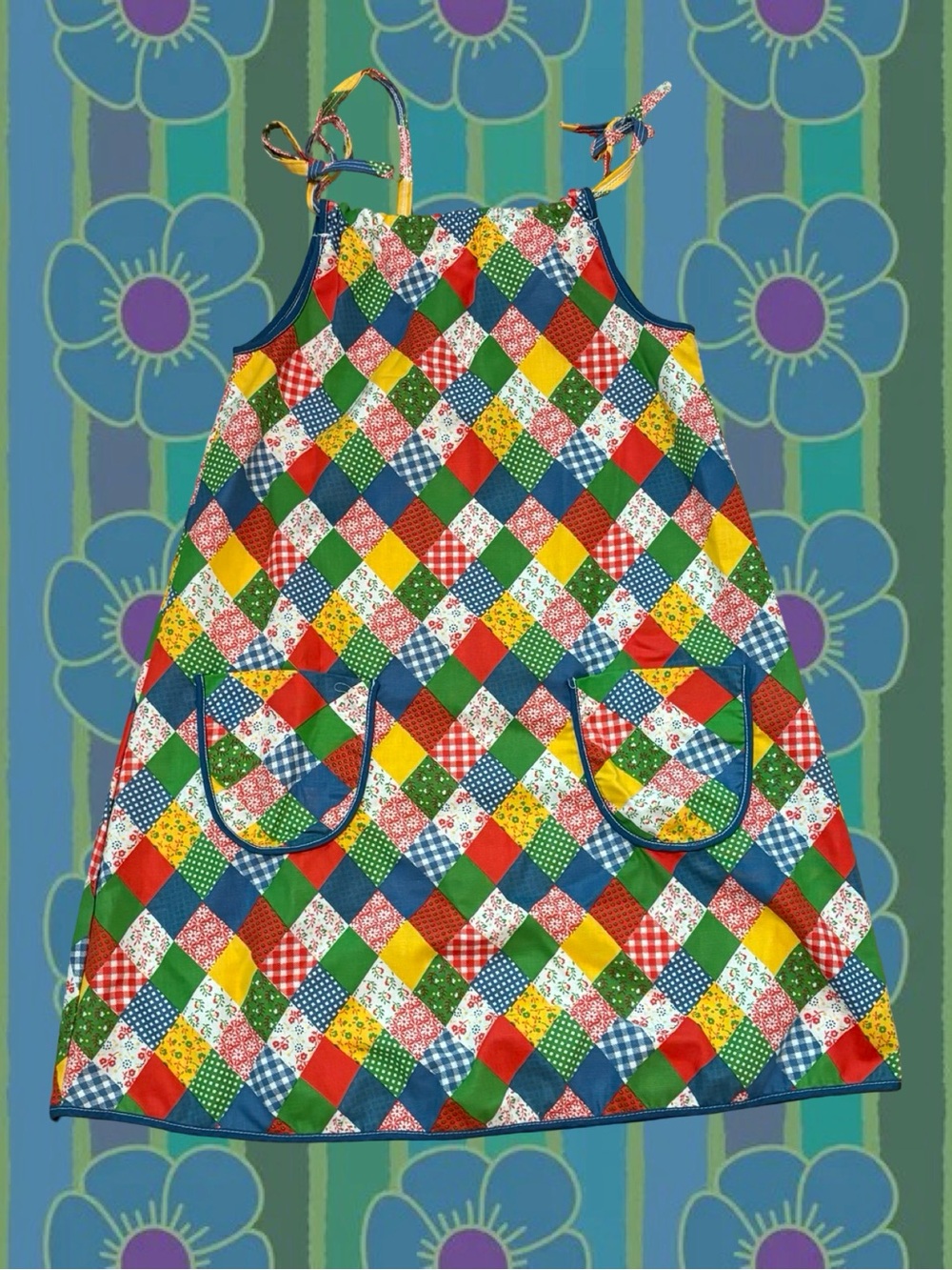 Vintage Multicolor Patchwork Trapeze Midi Dress